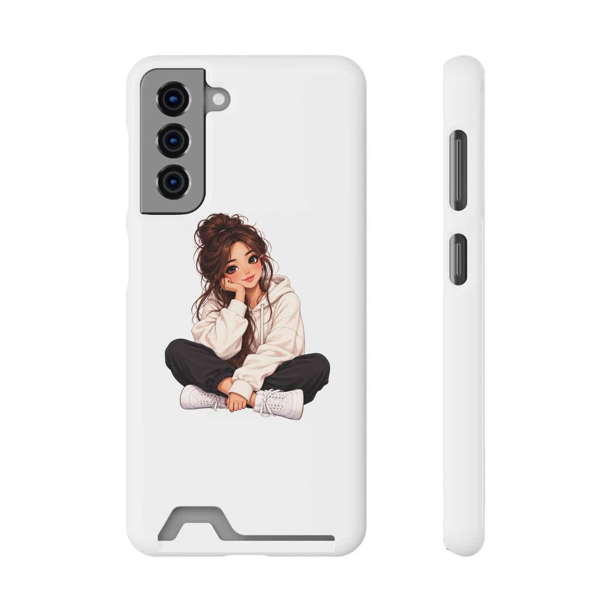 Cute Cozy Girl Phone Case with Card Holder – Anime-Inspired Soft-Hoodie Design