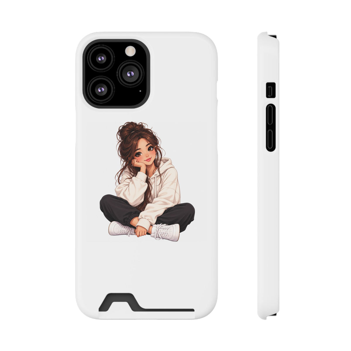 Cute Cozy Girl Phone Case with Card Holder – Anime-Inspired Soft-Hoodie Design