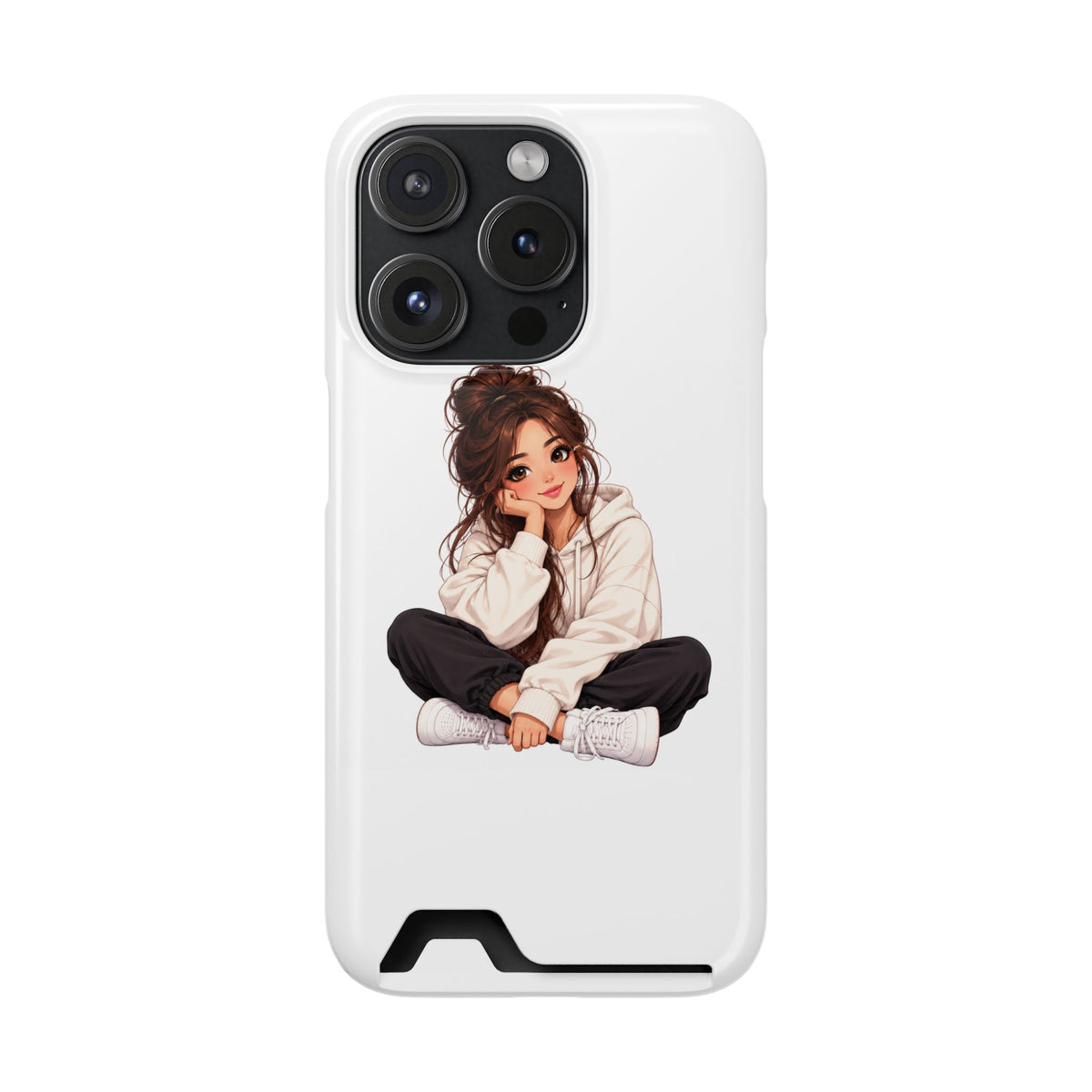 Cute Cozy Girl Phone Case with Card Holder – Anime-Inspired Soft-Hoodie Design