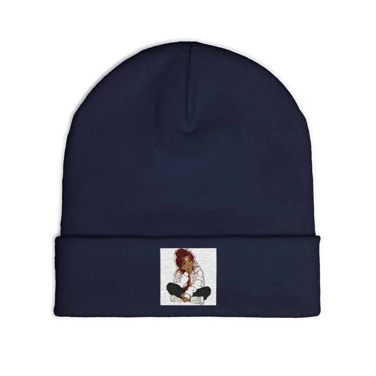Embroidered Meditating Woman Knit Beanie — Cozy Yoga & Mindfulness Winter Hat