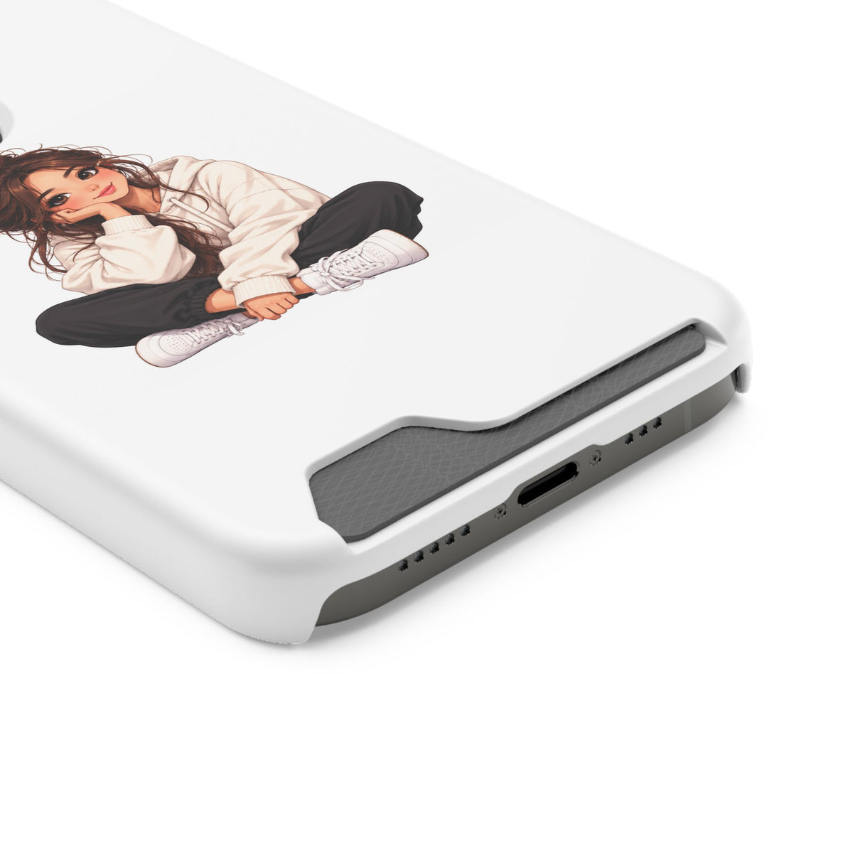 Cute Cozy Girl Phone Case with Card Holder – Anime-Inspired Soft-Hoodie Design
