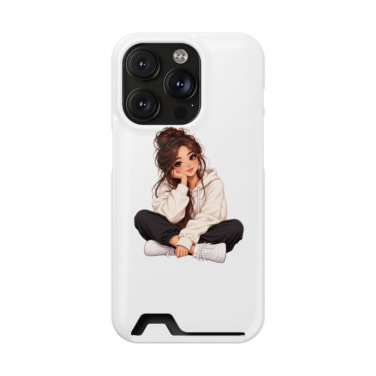 Cute Cozy Girl Phone Case with Card Holder – Anime-Inspired Soft-Hoodie Design