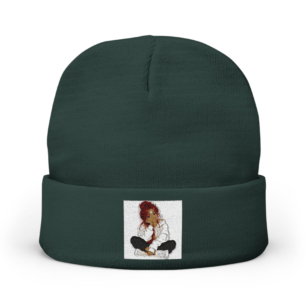 Embroidered Meditating Woman Knit Beanie — Cozy Yoga & Mindfulness Winter Hat