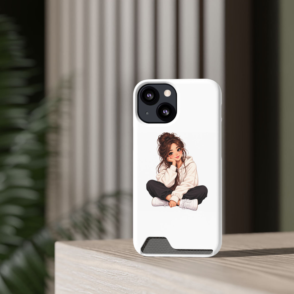 Cute Cozy Girl Phone Case with Card Holder – Anime-Inspired Soft-Hoodie Design