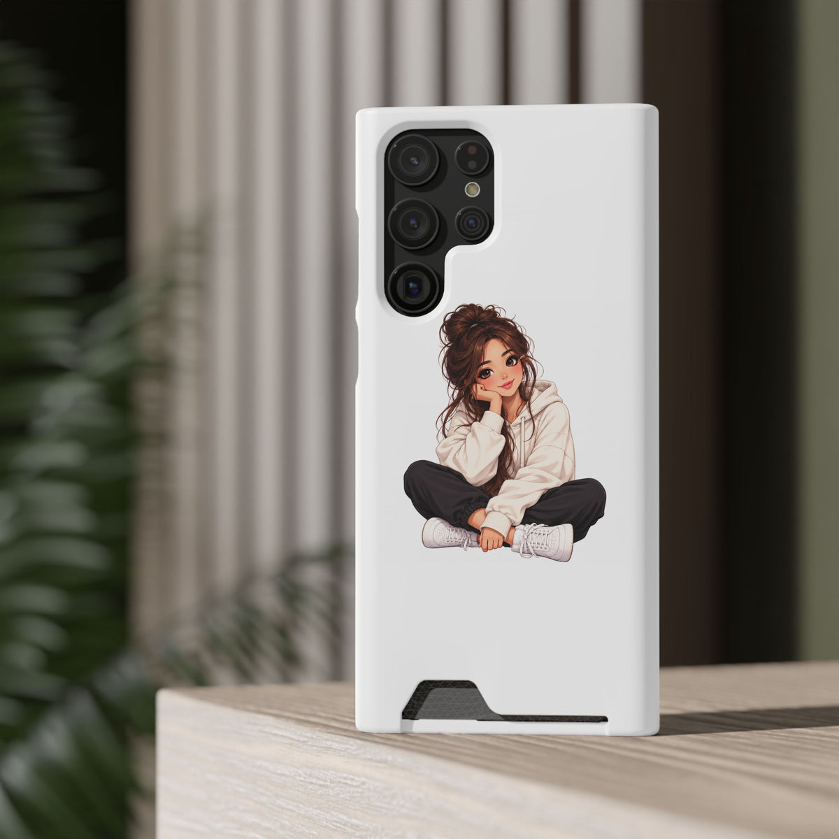Cute Cozy Girl Phone Case with Card Holder – Anime-Inspired Soft-Hoodie Design