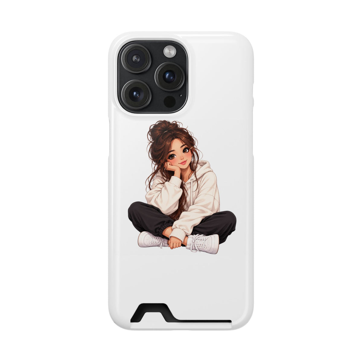 Cute Cozy Girl Phone Case with Card Holder – Anime-Inspired Soft-Hoodie Design