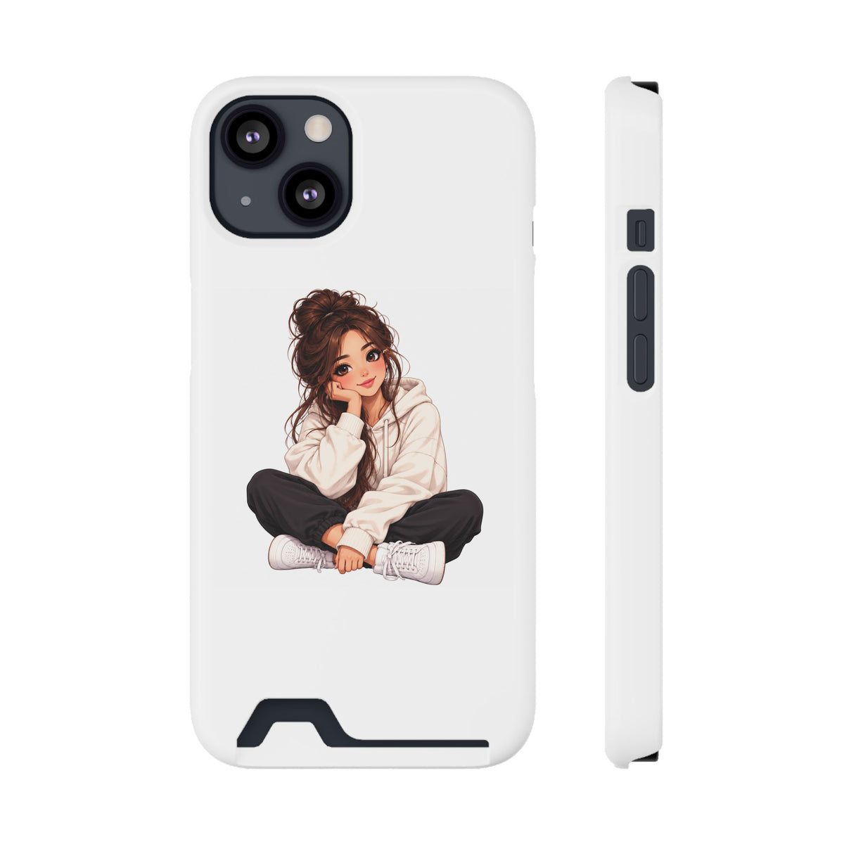 Cute Cozy Girl Phone Case with Card Holder – Anime-Inspired Soft-Hoodie Design
