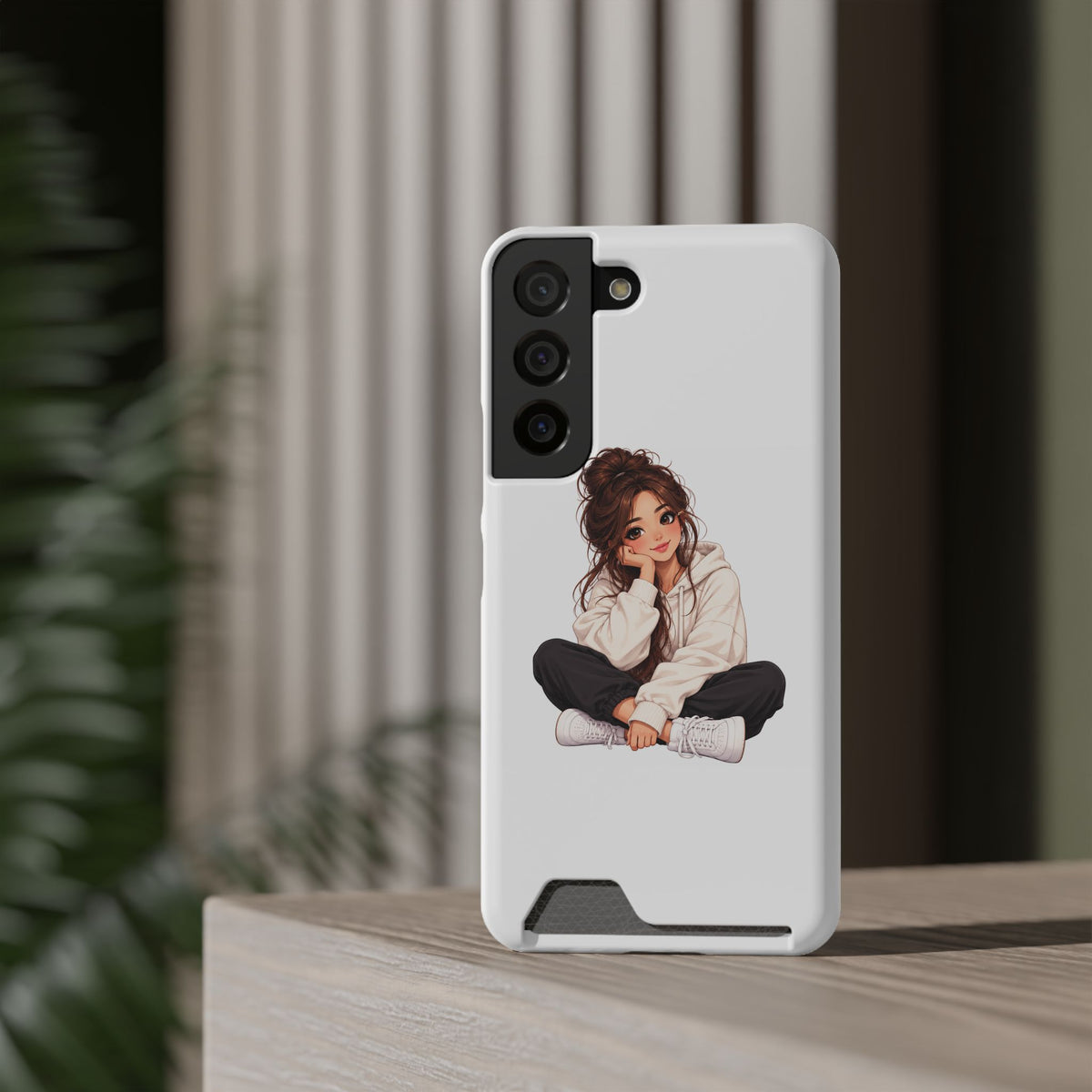Cute Cozy Girl Phone Case with Card Holder – Anime-Inspired Soft-Hoodie Design