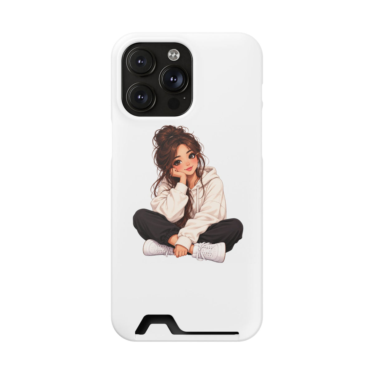 Cute Cozy Girl Phone Case with Card Holder – Anime-Inspired Soft-Hoodie Design