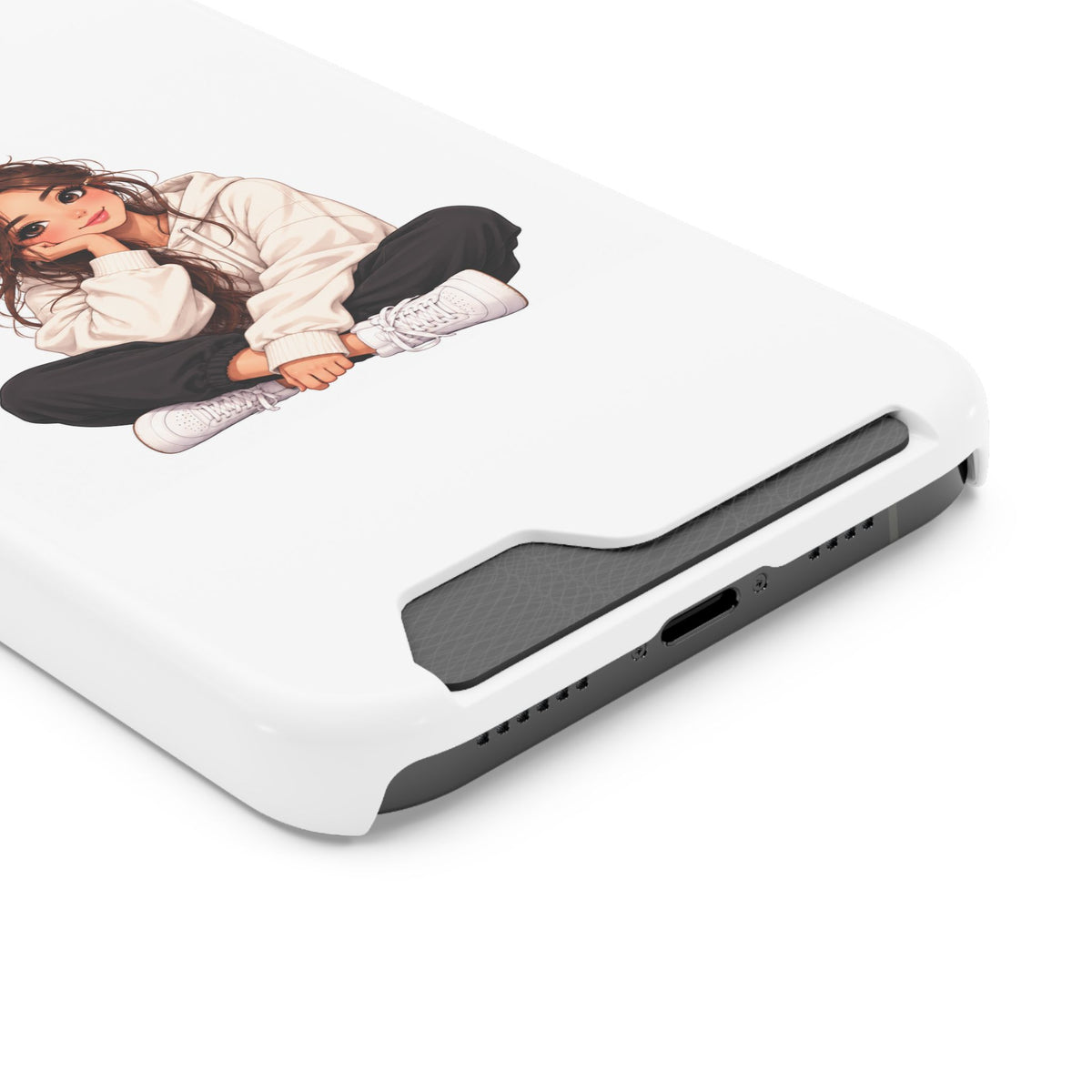 Cute Cozy Girl Phone Case with Card Holder – Anime-Inspired Soft-Hoodie Design