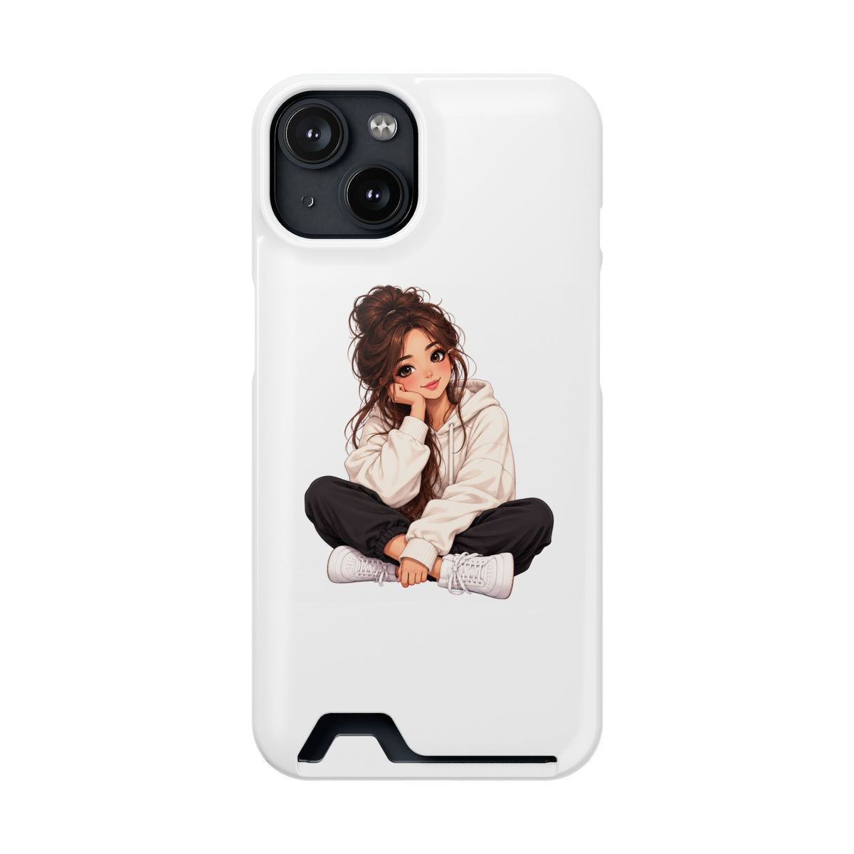 Cute Cozy Girl Phone Case with Card Holder – Anime-Inspired Soft-Hoodie Design