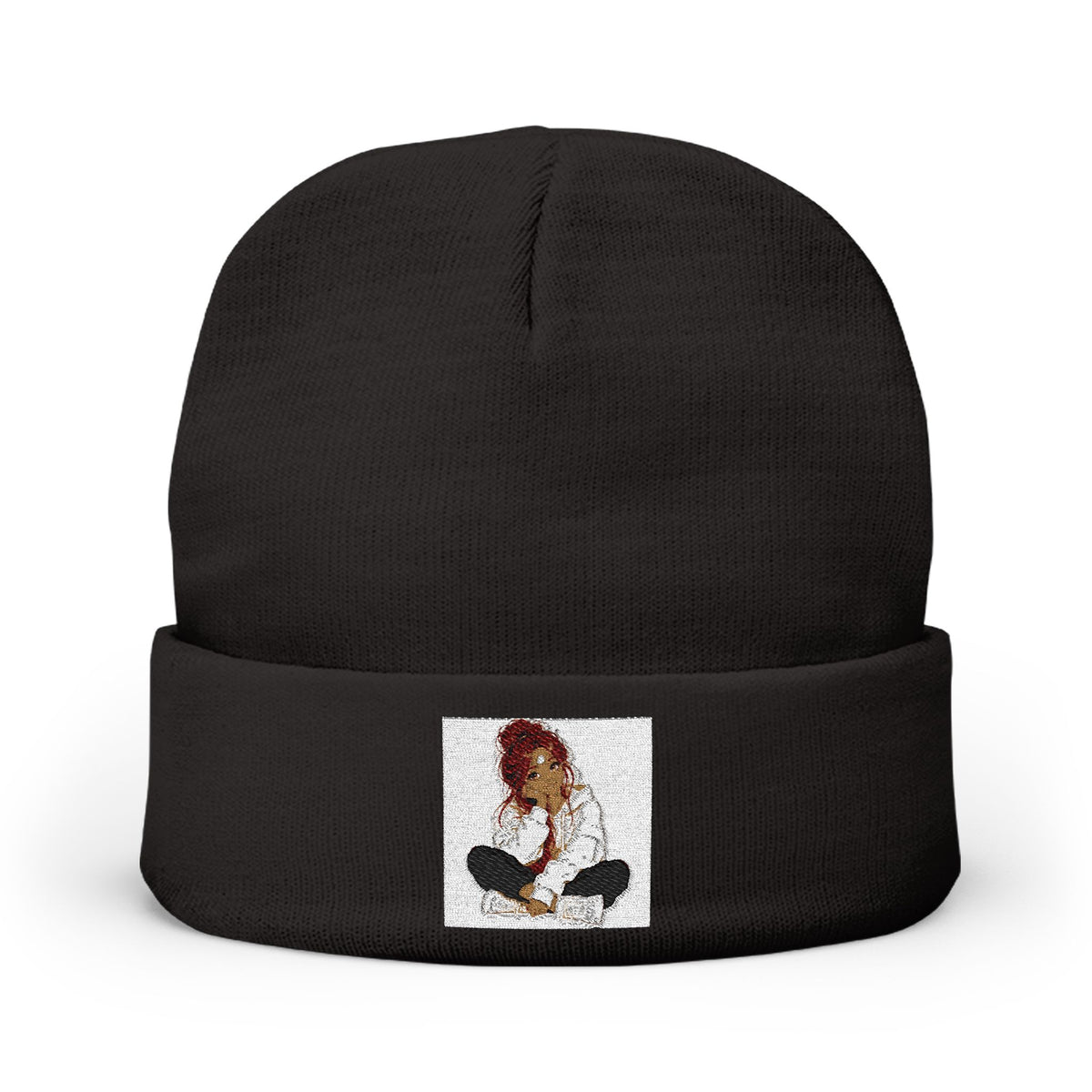 Embroidered Meditating Woman Knit Beanie — Cozy Yoga & Mindfulness Winter Hat