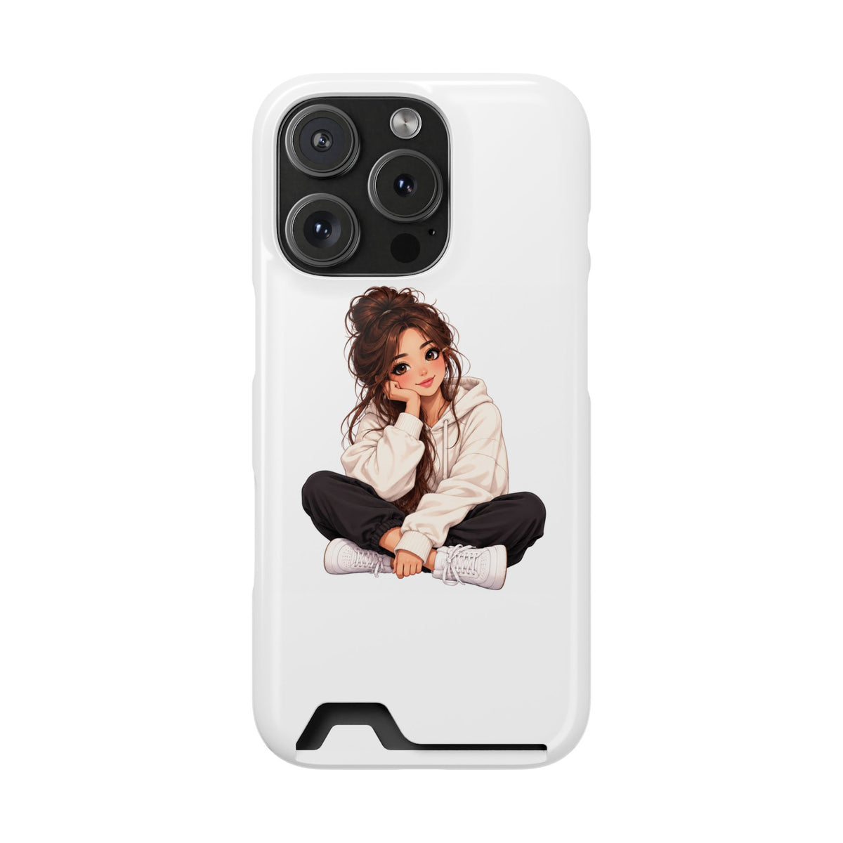Cute Cozy Girl Phone Case with Card Holder – Anime-Inspired Soft-Hoodie Design