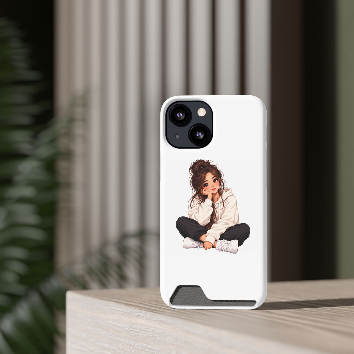 Cute Cozy Girl Phone Case with Card Holder – Anime-Inspired Soft-Hoodie Design