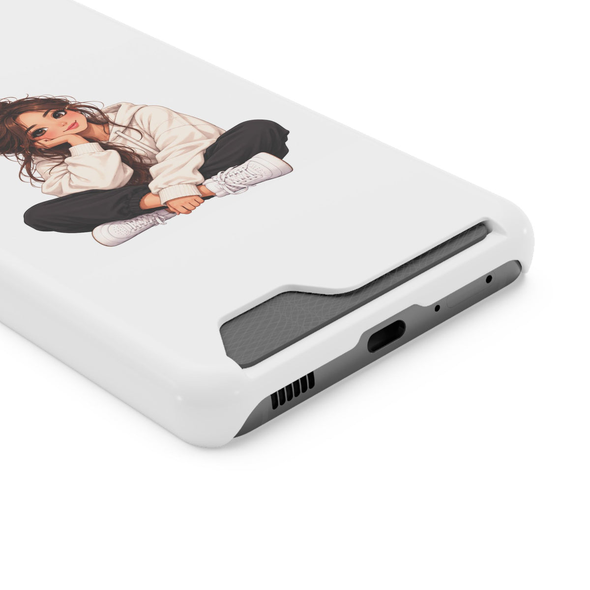Cute Cozy Girl Phone Case with Card Holder – Anime-Inspired Soft-Hoodie Design